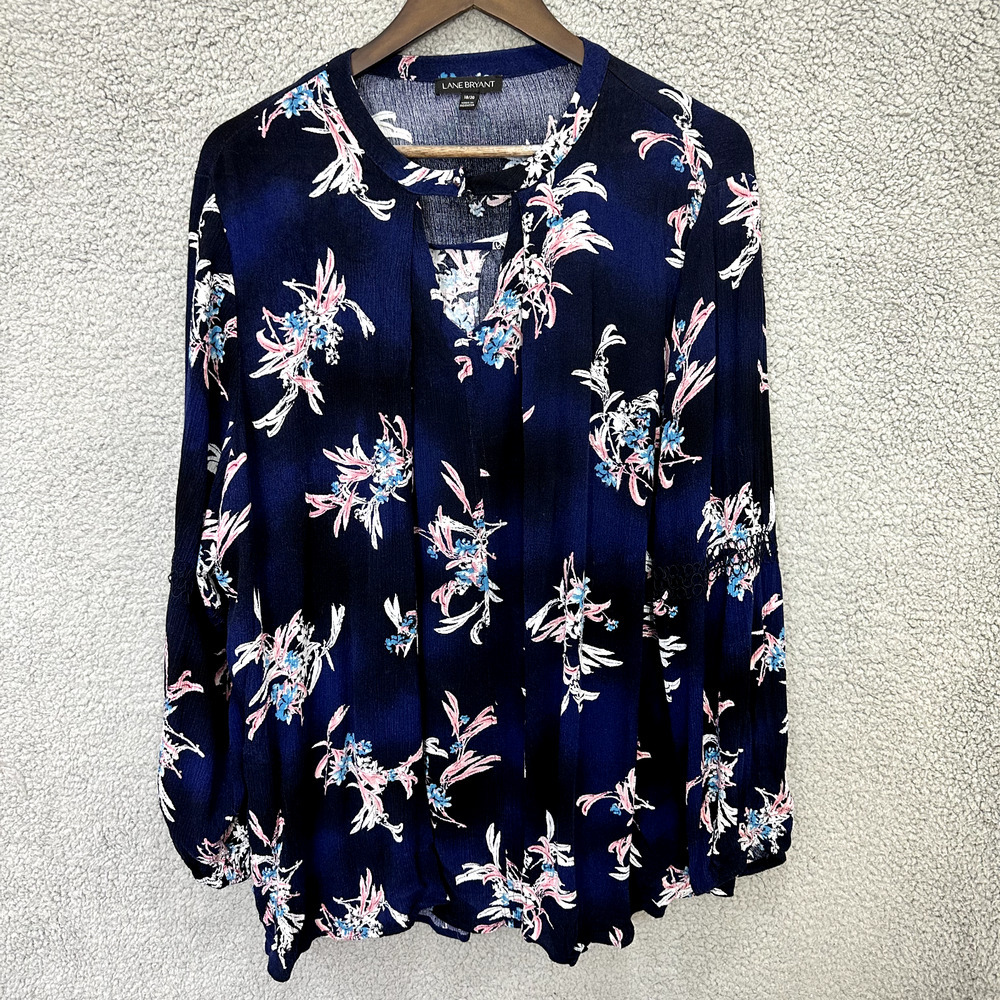 Lane Bryant Blue Floral Top Women 18 Oversized Whimsical Romantic Cottage Boho